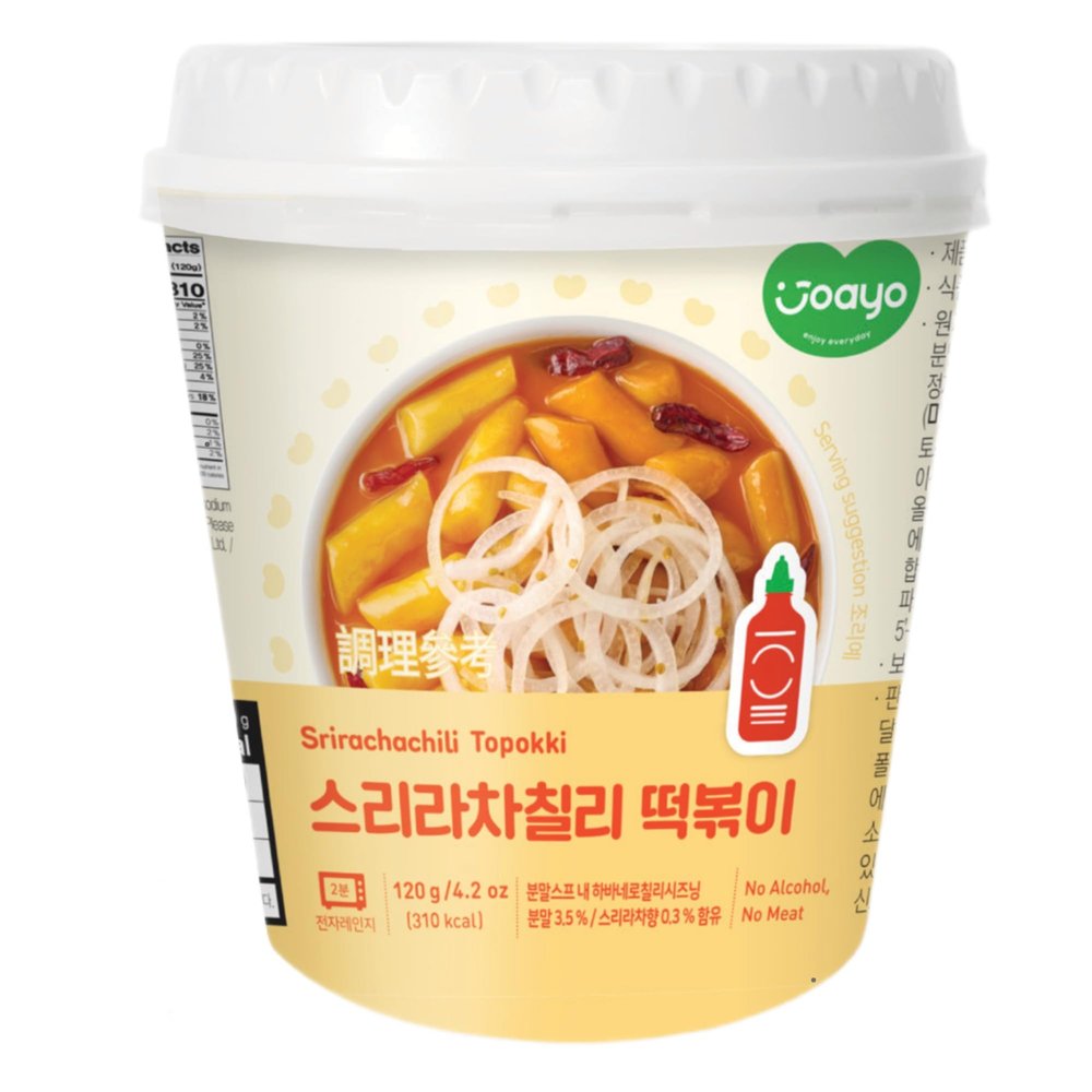 Joayo Srirachachili Topokki Rice Cakes with Spicy & Rich Flavorful Savory Sauce 120g, Pack of 1 | Veg & Authentic Korean Topokki | The Product of Korea (Famous Korean Street Food)