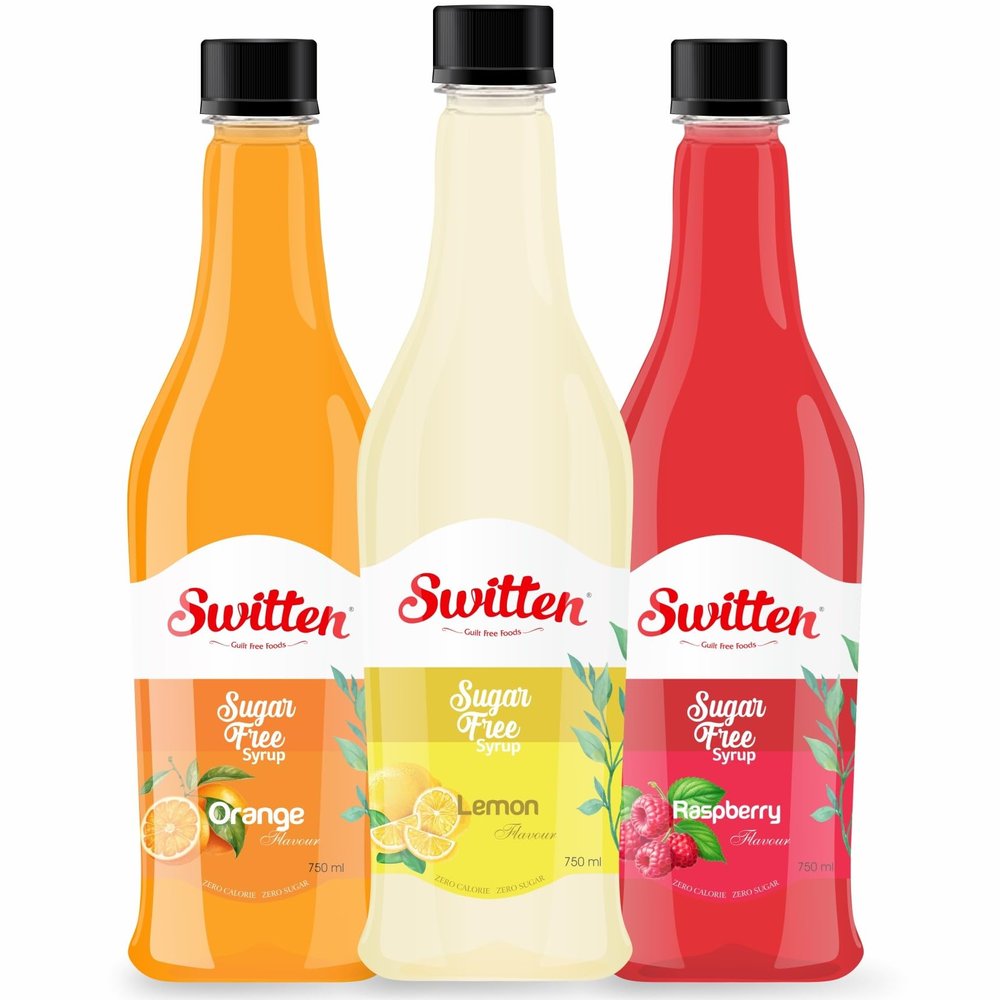 Switten Sugar Free Orange, Lemon and Raspberry Syrup - Pack of 3 (Each 750ml) I Diabetic Friendly | Concentrated Syrup | No Added Sugar | Cocktail, Mocktail, Sarbat I Keto friendly I Zero Calorie Sharbat
