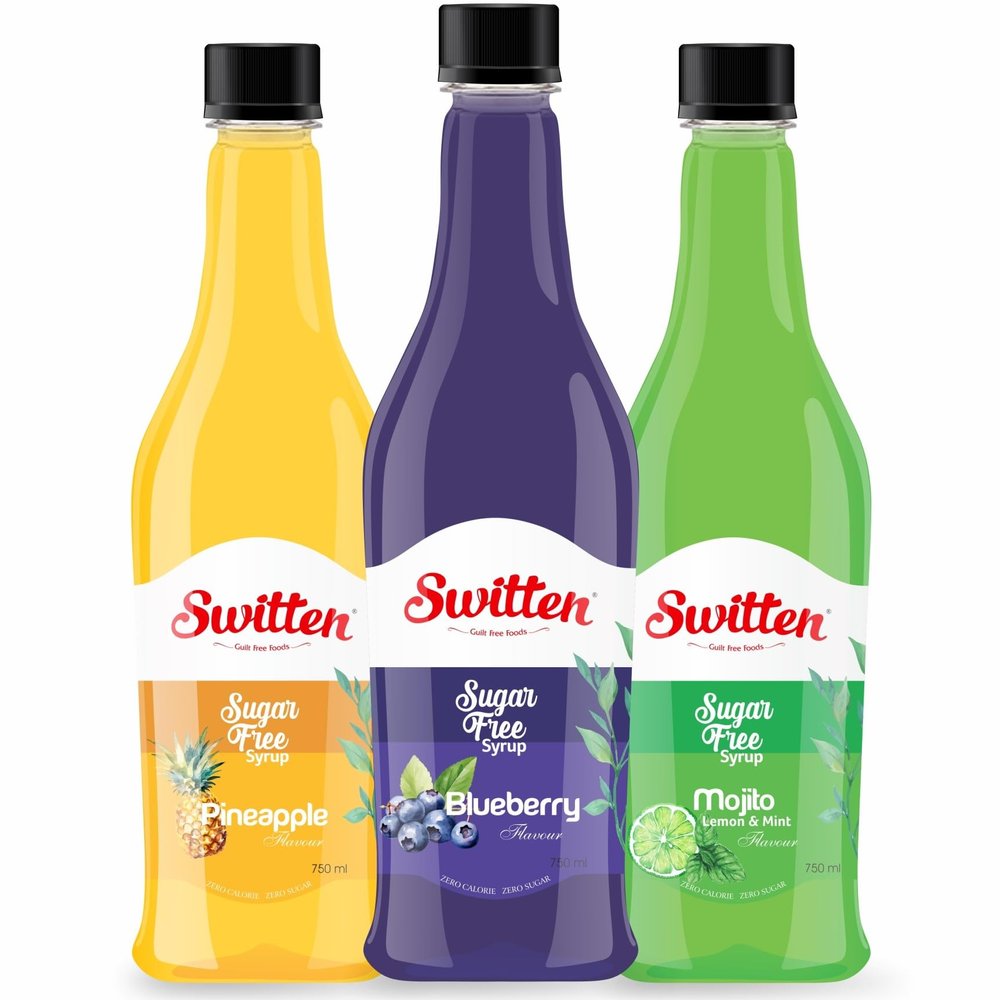 Switten Sugar Free Pineapple, Blueberry and Mojito Syrup - Pack of 3 (Each 750ml) I Diabetic Friendly | Concentrated Syrup | No Added Sugar | Cocktail, Mocktail, Sarbat I Keto friendly I Zero Calorie Sharbat