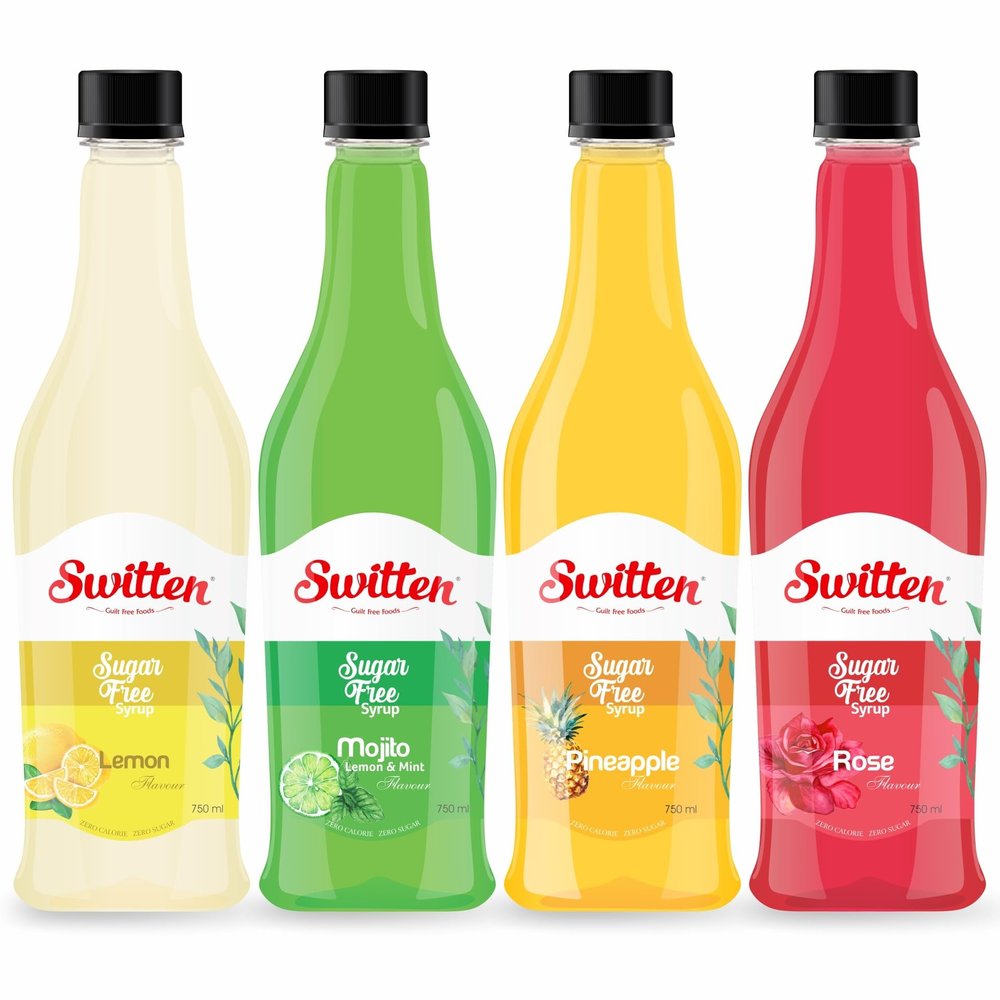 Switten Sugar Free Lemon, Mojito, Pineapple and Rose Syrup - Pack of 4 (Each 750ml) I Diabetic Friendly | Concentrated Syrup | No Added Sugar | Cocktail, Mocktail, Sarbat I Keto friendly I Sharbat
