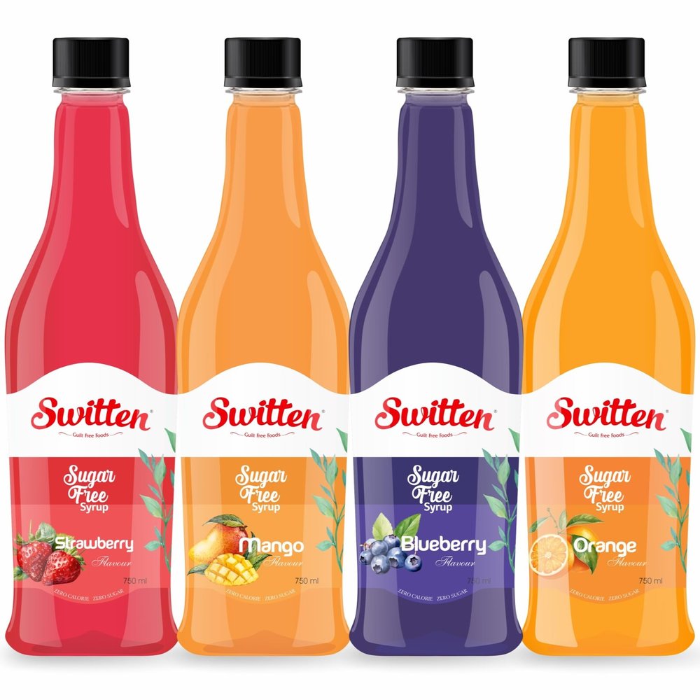 Switten Sugar Free Strawberry, Mango, Blueberry and Orange Syrup - Pack of 4 (Each 750ml) I Diabetic Friendly | Concentrated Syrup | No Added Sugar | Cocktail, Mocktail, Sarbat I Keto friendly I Sharbat