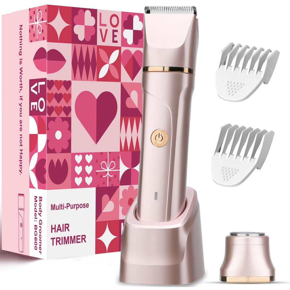 Bikini Trimer Women,2 in 1 Electric Razor Facial Hair Women-IPX7 Waterproof Wet/Dry,USB Recharge Dock with Snap-in Ceramic Blades For Face Body Leg Bikini Underarm Arm(Rose Red)