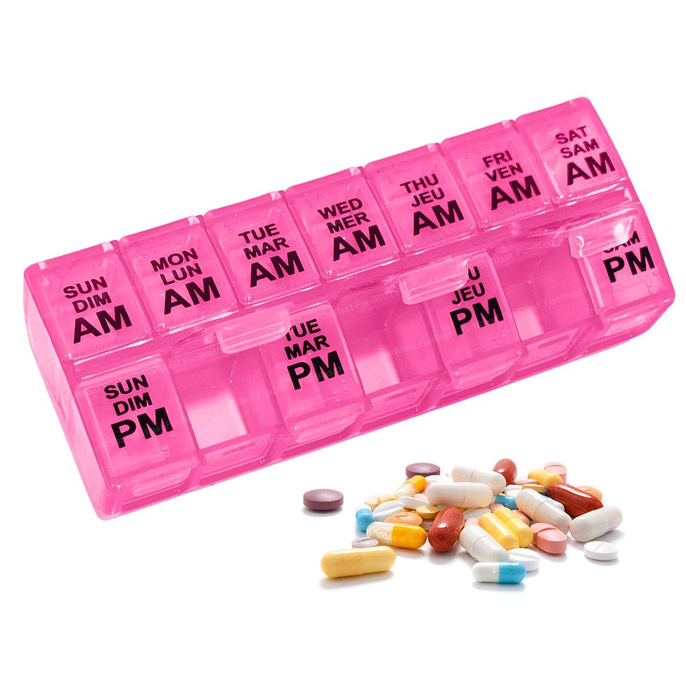 FunBlast Pill Organizer Box - 2 Times A Day 7 Day Pill Holder, Portable Medicine Box Case with Separate Compartments, Tablet Container, Portable Box for Pills & Supplements (Pink)