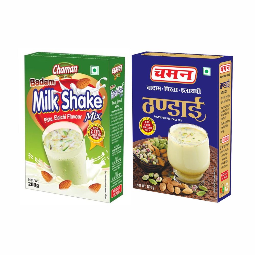 Chaman Badam Milkshake 200g & Thandai Powder Mix 500g | Delicious & Nutritious Indian Beverage Mix | Easy-to-Make Refreshing Drinks (Pack of 2, Thandai and badam Milkshake)