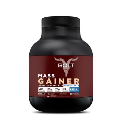 Bolt Mass Gainer Powder|Weight Gainer|Supercharge With Phycocyanin|25G Protein, 75G Carbs & 412 Calories Per Servings|For Muscle & Weight Gain Objectives|2Lb/907G|Madagascar Vanilla