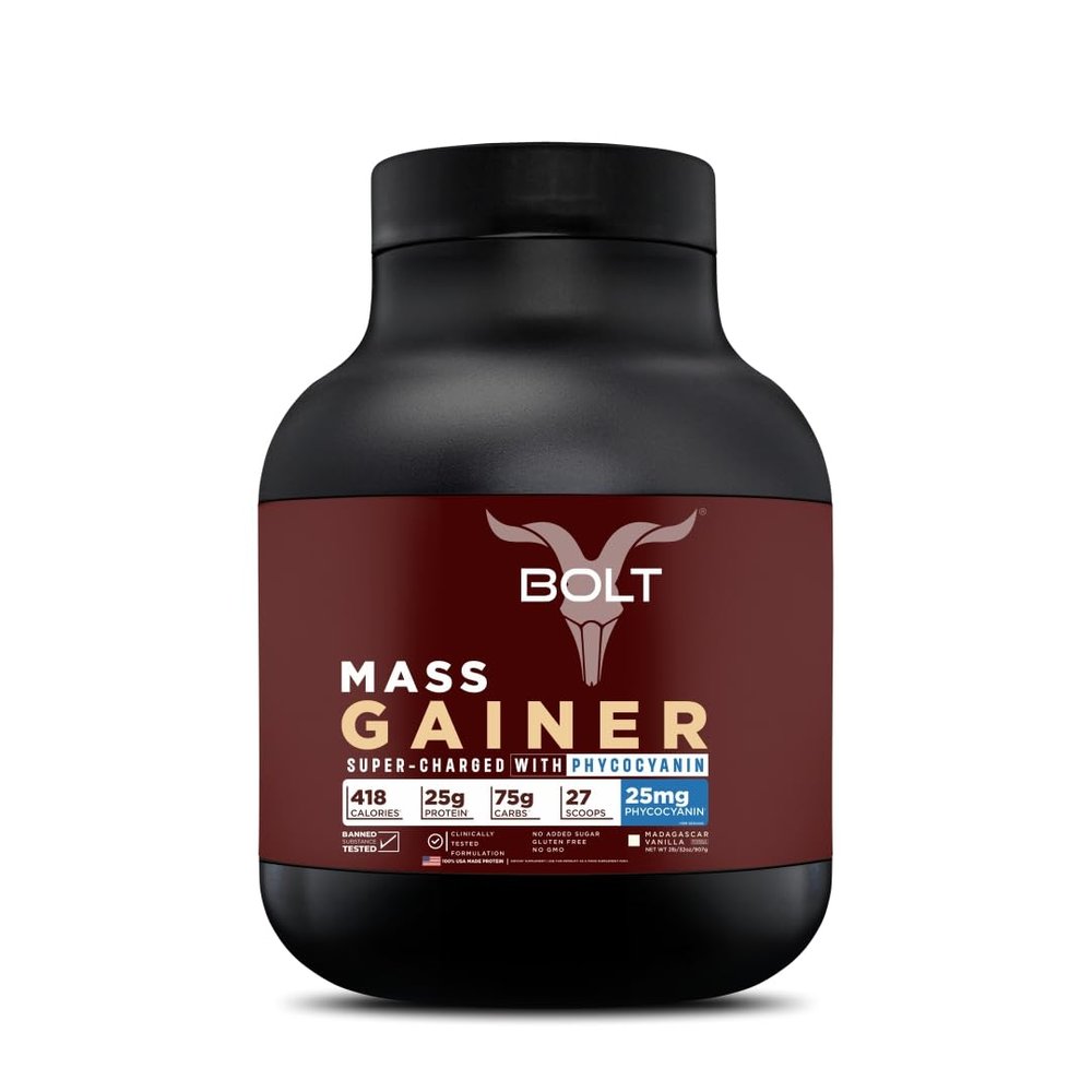 Bolt Mass Gainer Powder|Weight Gainer|Supercharge With Phycocyanin|25G Protein, 75G Carbs & 412 Calories Per Servings|For Muscle & Weight Gain Objectives|2Lb/907G|Madagascar Vanilla