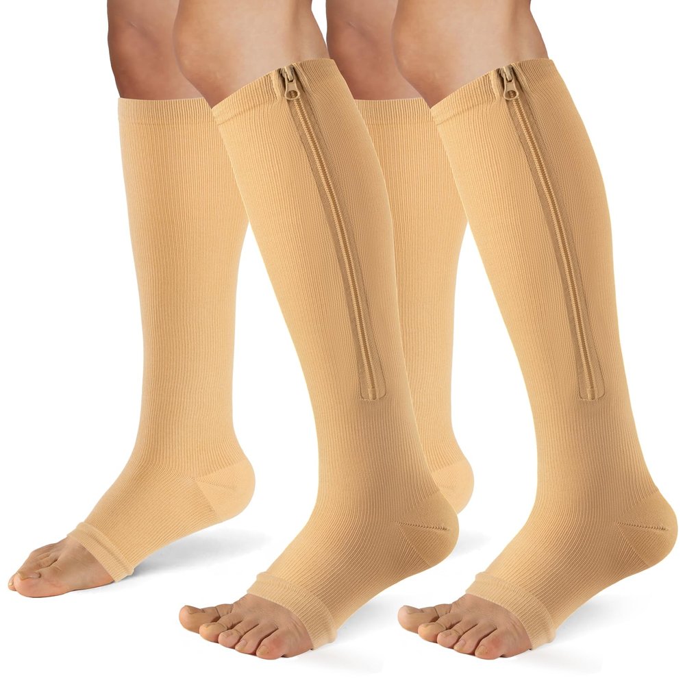 FOFLORA Zipper Compression Socks for Women & Men 2 Pairs15-20mmhg Open Toe Compression Stockings for Nurse and Long Standing Crowd