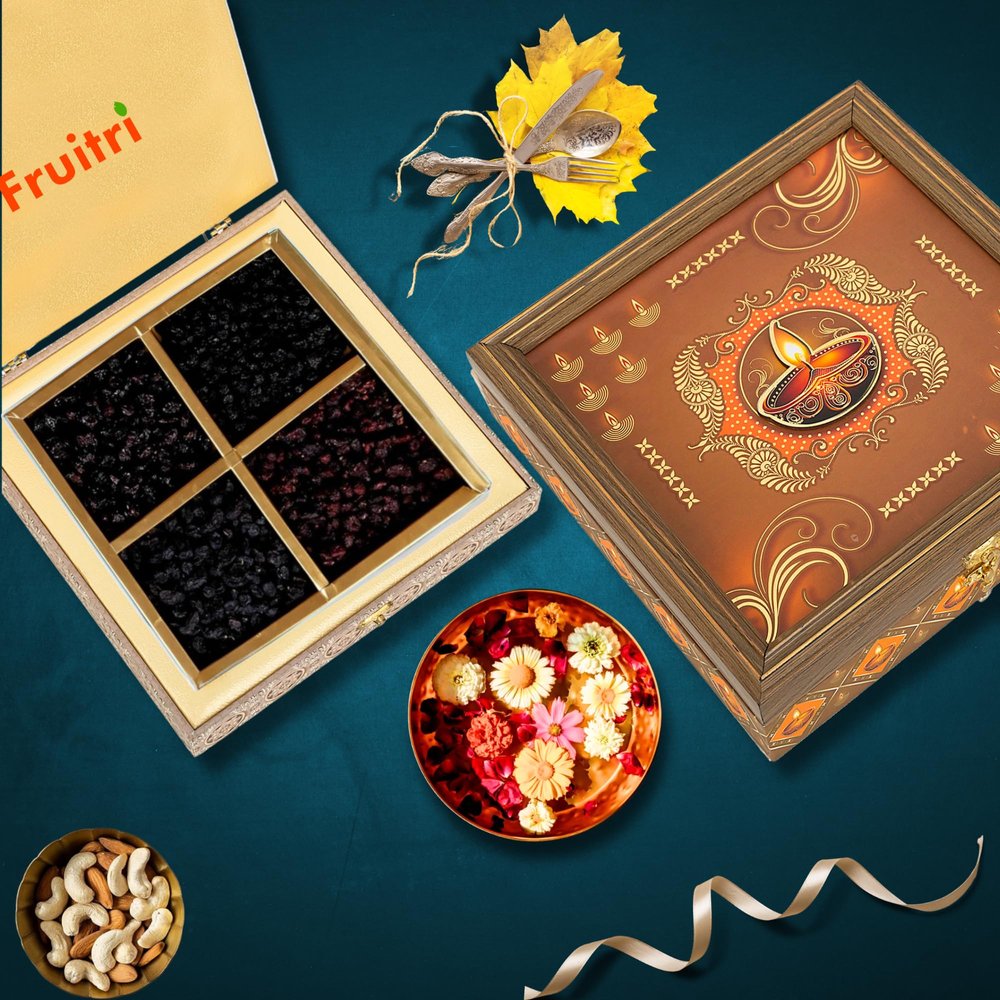 Fruitri Premium Dry Fruit Gift Box for Diwali and Christmas  Assorted Dry Fruits Gift Hamper Pack (100g Each, 10x10x2 Inches)  Festival Gift Box with Cranberries, Raspberries, Blueberries & Black Raisins