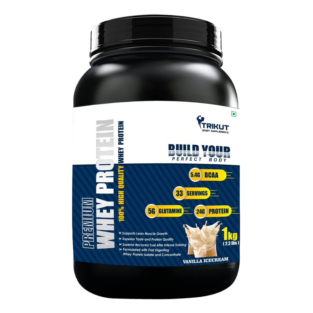 Premium Whey Protein Vanilla Flavour 1Kg With Added Bcaa(Sugar Free) 33 Servings (Trikut Nutrition)