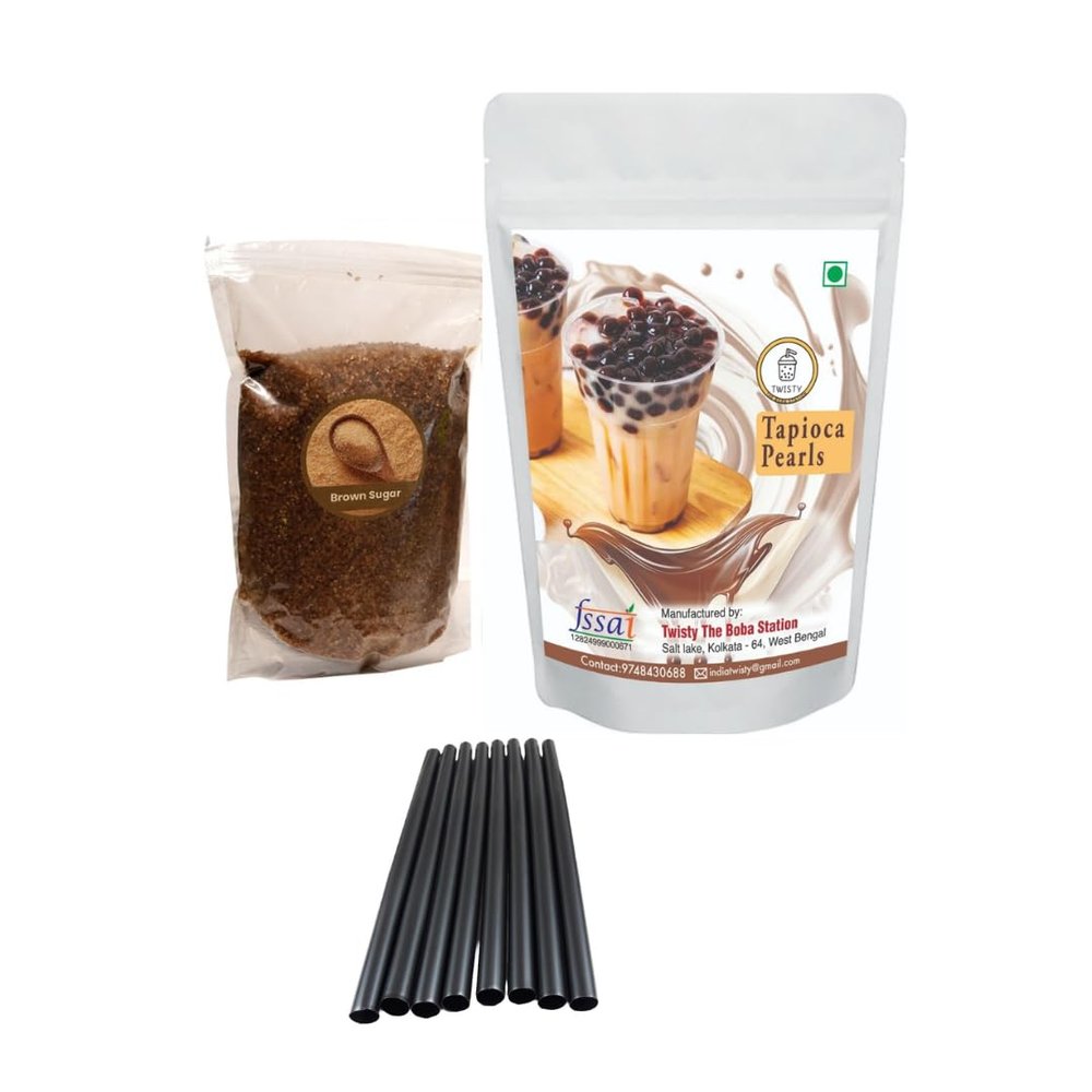 Twisty The Boba Station Tapioca Pearls Kit For Bubble Tea | Topping Boba For Milkshakes, Ice Cream And Yogurt | 1 Kg Topioca Pearls Including 250 Gms Brown Sugar For Caramelization And 10 Straws (12mm)