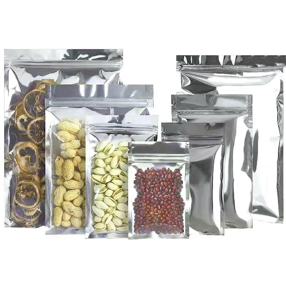 10 x 14 inch Zip Lock Pouch Food-Grade Transparent Front Gloss Silver Back Stand Up Pouches with Zipper Reusable Resealable Tear Notch Bottom Gusset Packing Cover Storage Bag (PACK OF 75, 25 X 35CM)