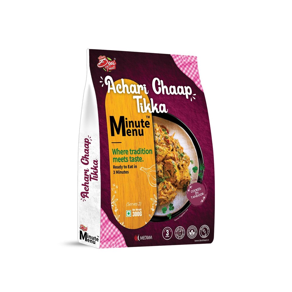 Desi Treat Minute Menu Achari Chaap Tikka | Ready to Eat in 3 Minutes | 100% Plant-Based Protein Rich Snack | Authentic North Indian Flavour | 300g Pack