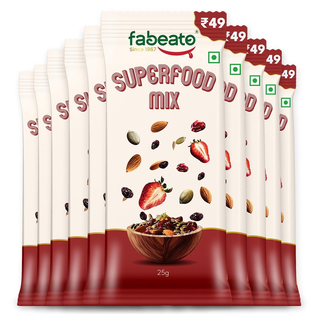 Fabeato Munch on the Go Snack Premium Superfood Mix |Nuts, Dry Fruits, Seeds and Berries | Rich in Dietary Fiber, Rich in Protein| Each Pouch 25g | Pack of 10