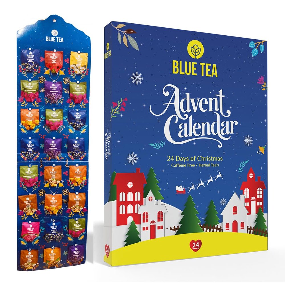 BLUE TEA - Advent Calendar 2025 (Blue) - 24 Tea Bags - Plant Based - 24 Unique Tea | Limited Edition | Sampler & Variety Pack | Caffeine Free - Herbal Tea - Christmas Holiday Unique Advent Calendar Tea Gift Set | Gift Idea for Men and Women