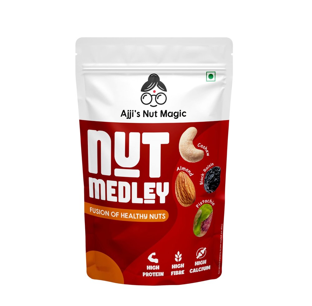 Ajji's Nut Magic Nut Medley-Fusion of Healthy Nuts | Dry Fruits & Nuts Combo of Cashew, Almond, Pistachio and Black Raisins | Premium Superfood Energy Mix | Medley of Dried Fruits, Nuts | Nutritious Snack -800g (Pack of 4-Each 200g)