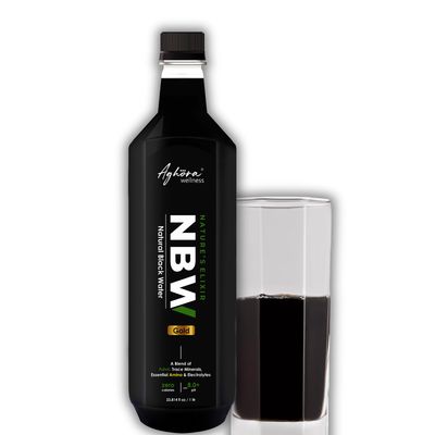 AGHORA Black Alkaline Water natural, organic, vegan, gluten-free, non-GMO, and lactose-free attributes, has more than 77+ trace minerals, strong electrolytes and an alkaline pH of more than 8.0+. (1ltr Liquid Each) (Pack of 6)