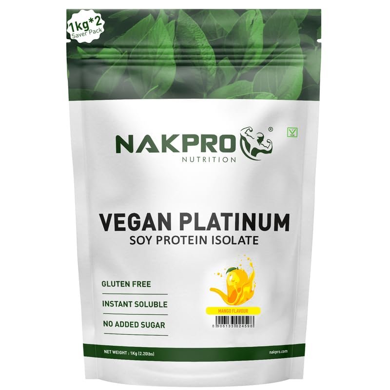 NAKPRO 100% Soy Protein Isolate, Mango - 2kg (1kg*2) | 25.3g Protein, 4.6g BCAA | Natural Vegan Plant Protein Powder | Easy To Digest | All Essential Amino Acids for Muscle Gain and Recovery