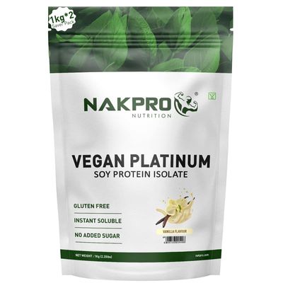 NAKPRO 100% Soy Protein Isolate, Vanilla - 2kg (1kg*2) | 25.3g Protein, 4.6g BCAA | Natural Vegan Plant Protein Powder | Easy To Digest | All Essential Amino Acids for Muscle Gain and Recovery