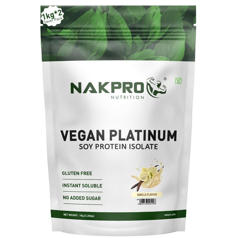 NAKPRO 100% Soy Protein Isolate, Vanilla - 2kg (1kg*2) | 25.3g Protein, 4.6g BCAA | Natural Vegan Plant Protein Powder | Easy To Digest | All Essential Amino Acids for Muscle Gain and Recovery