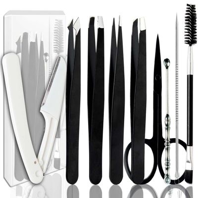 [9+1 PCS] Tweezers Kit, Tweezer for Women Facial Hair, Professional Tweezers Set, Eyebrow Tweezer, Professional Stainless Steel Eyebrow for Women &Men,Black And Pink Beauty Sets.