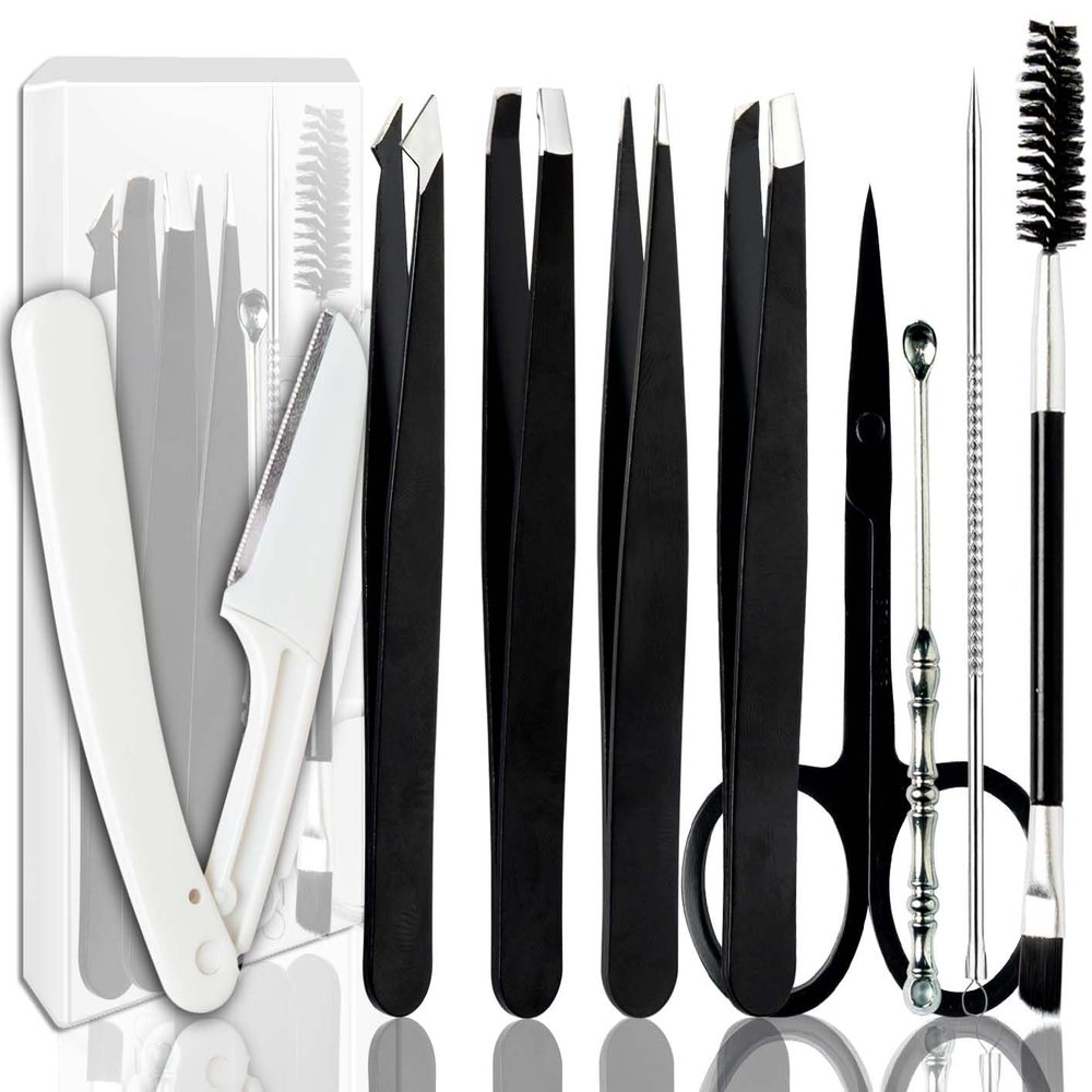 [9+1 PCS] Tweezers Kit, Tweezer for Women Facial Hair, Professional Tweezers Set, Eyebrow Tweezer, Professional Stainless Steel Eyebrow for Women &Men,Black And Pink Beauty Sets.