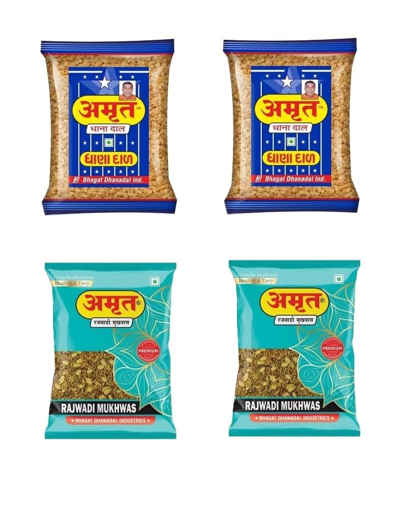 AMRUT Combo Of Dhanadal (200gm x 2 = 400g) + Rajwadi Mukhwas (200gm x 2 = 400g) (Pack Of 4) Royal Digestive Crunchy And Tasty Mouth Freshener Roasted Split Coriander Seeds After-Meal Snack