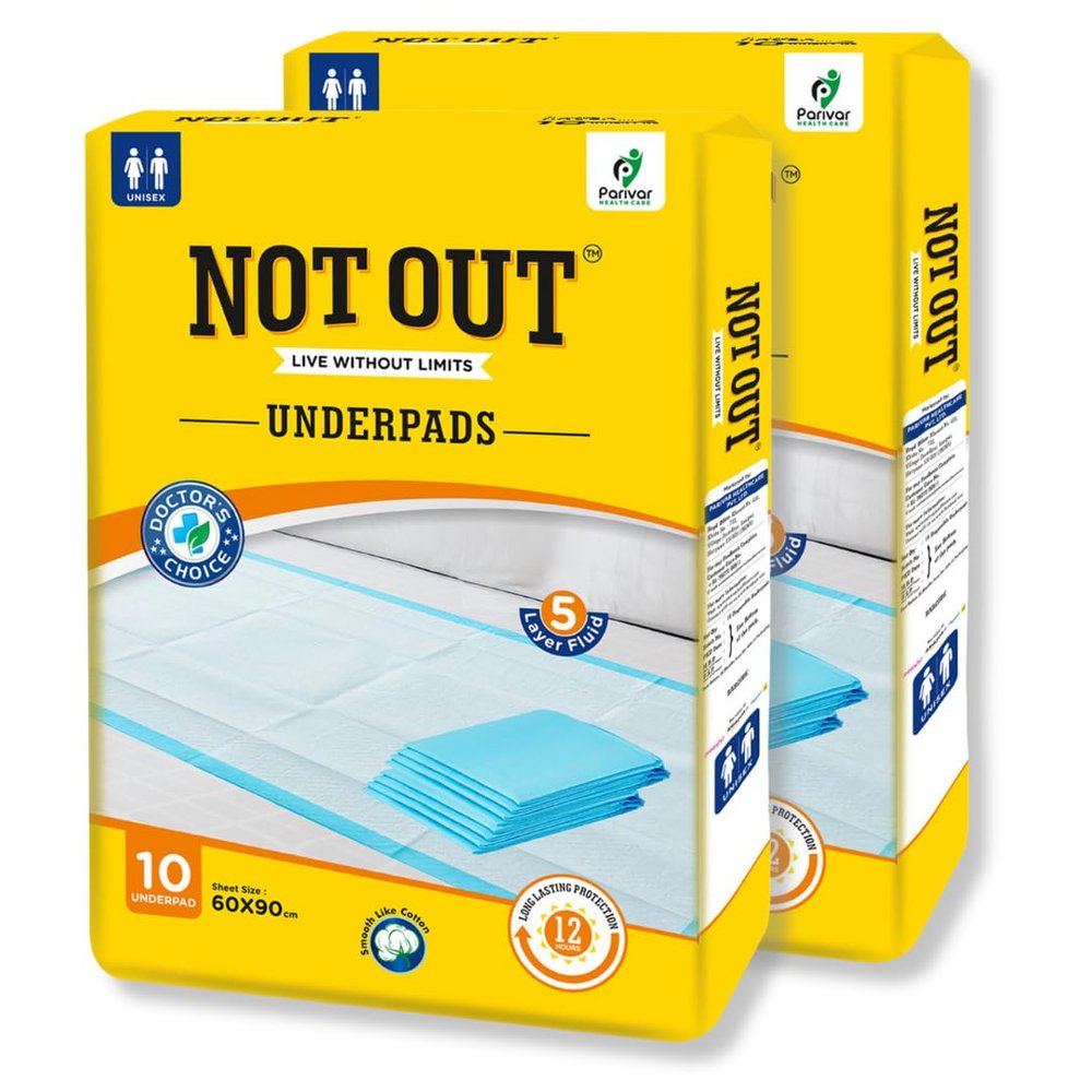NOT OUT Disposable Adult Underpad - 60x90 cm | 5-Layer, Super Absorbent, Waterproof & Soft | 12-Hour Protection with Quick Lock System | 20 Underpads | Pack of 2