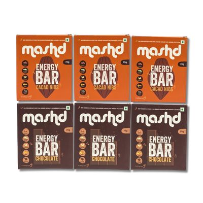 Mashd - Energy Bars - Double Choco Pack | Pack of 6 x 35g | 28g Protein | 3 x Cacao Nibs, 3 x Chocolate | No Added Sugar | No Added preservative | No Added flavour | Healthy Wholesome Natural Snack