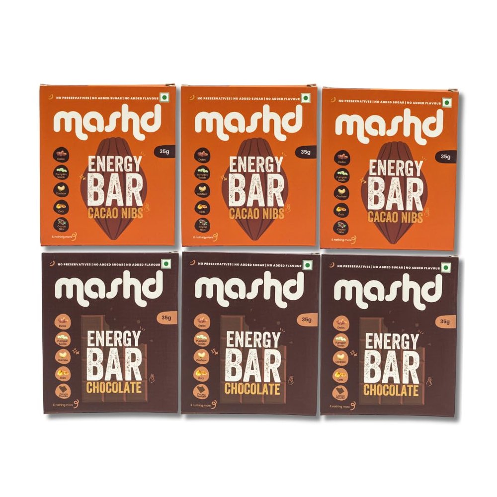 Mashd - Energy Bars - Double Choco Pack | Pack of 6 x 35g | 28g Protein | 3 x Cacao Nibs, 3 x Chocolate | No Added Sugar | No Added preservative | No Added flavour | Healthy Wholesome Natural Snack