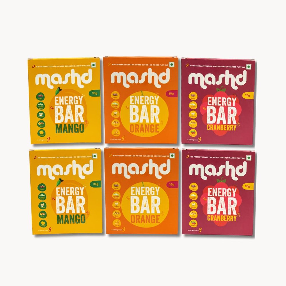 Mashd - Energy Bars - Fruity Pack | Pack of 6 x 35g | 25g Protein | 2 x Cranberry, 2 x Mango, 2 x Orange | No Added Sugar | No Added preservative | No Added flavour | Healthy Wholesome Natural Snack