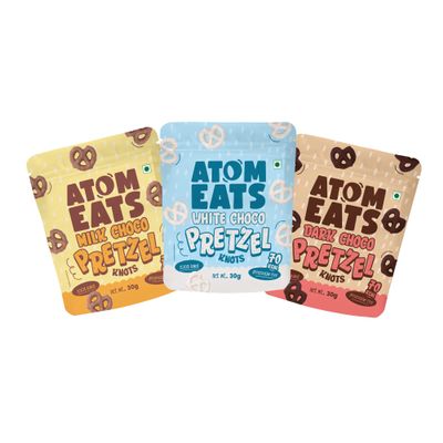 Atom Eats | Variety Pack - White, Milk & Dark Chocolate Dipped Pretzels (Pack of 3) 30g Each | Mini Salted Pretzel Knots | Gourmet Snacks for Coffee, Wine, Desserts & Parties | Imported Quality