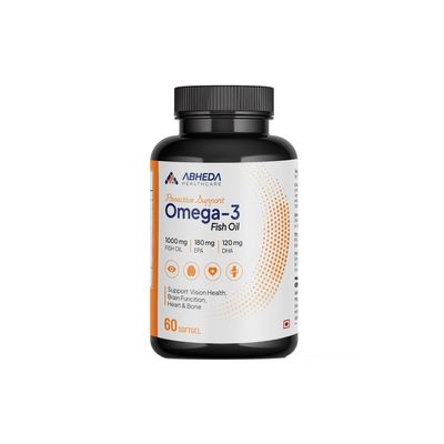 ABHEDA HEALTHCARE Omega-3 Fish Oil 1000mg - Triple Strength Formula, 60 Softgels - 180mg EPA & 120mg DHA for Enhanced Heart Health, Joint Support & Brain Function