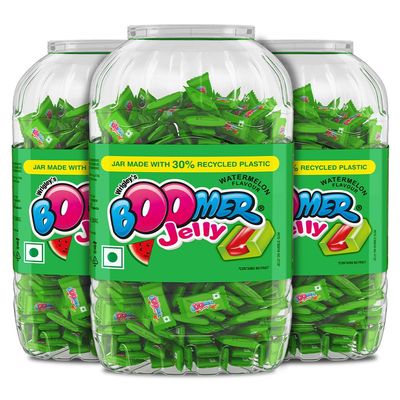 Boomer Jelly Watermelon Flavour Chewing Gum Jar, Jelly on Bubble Gum, Long Lasting Sweetness, Fun Chewing Gum Ideal for Sharing, 480g, Pack of 3