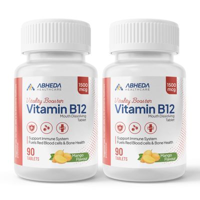 ABHEDA HEALTHCARE Vitamin B12 1500mcg Tablets - Fast Absorbing Mouth Dissolving Supplement - Delicious Mango Flavor - 180 Count - High Potency for Energy, Metabolism & Immune Support (Pack Of 2)