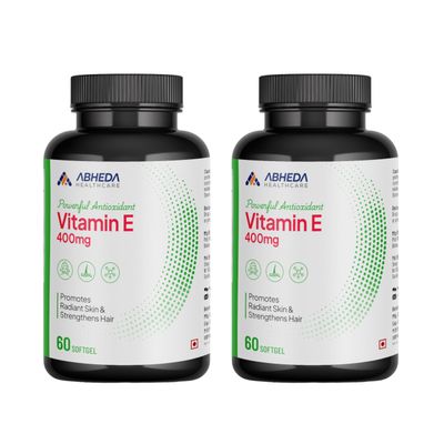 ABHEDA HEALTHCARE Vitamin E 400mg - 60 Softgels - Promotes Healthy Hair, Skin & Nails - Potent Antioxidant, Supports Immune & Skin Health. (Pack Of 2)