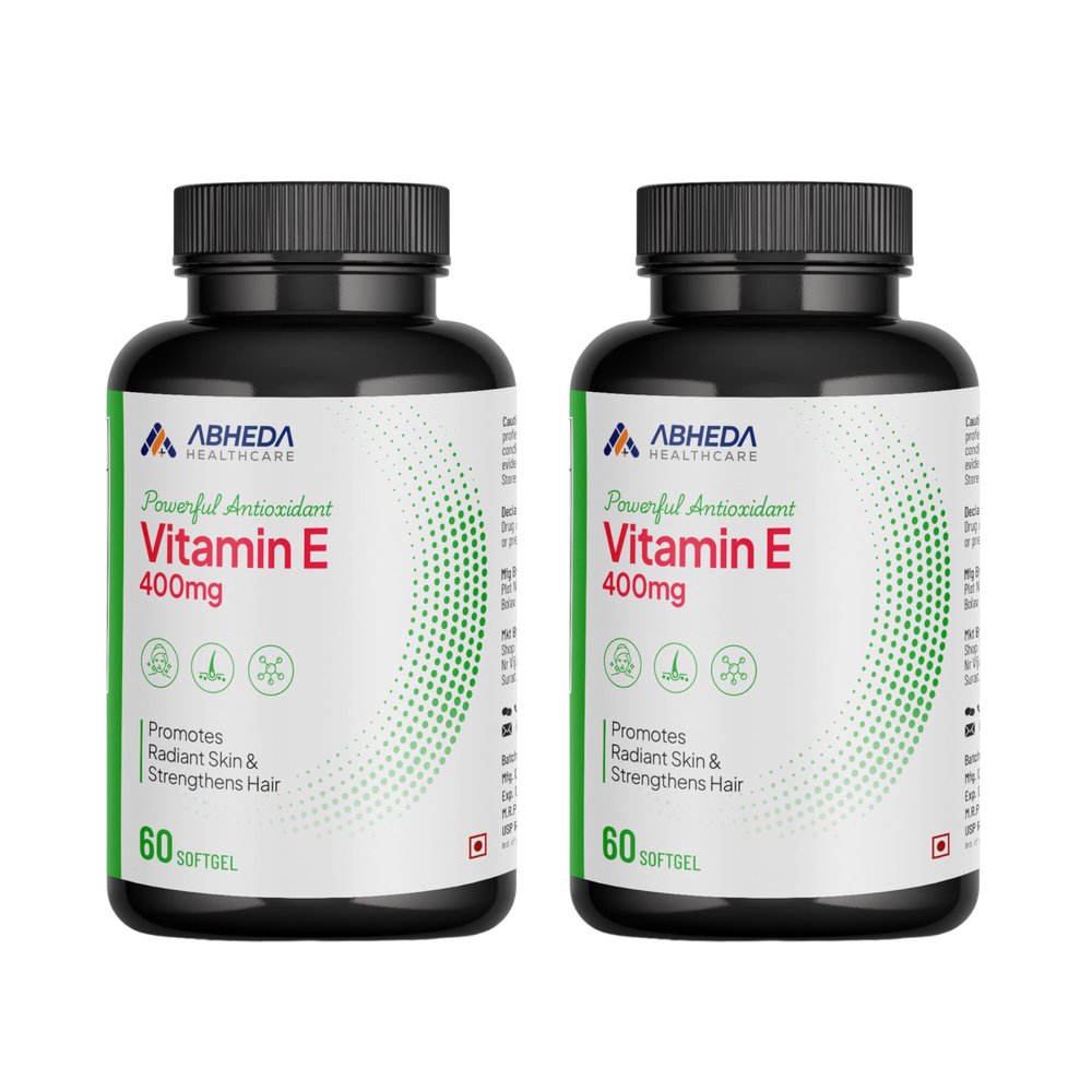 ABHEDA HEALTHCARE Vitamin E 400mg - 60 Softgels - Promotes Healthy Hair, Skin & Nails - Potent Antioxidant, Supports Immune & Skin Health. (Pack Of 2)