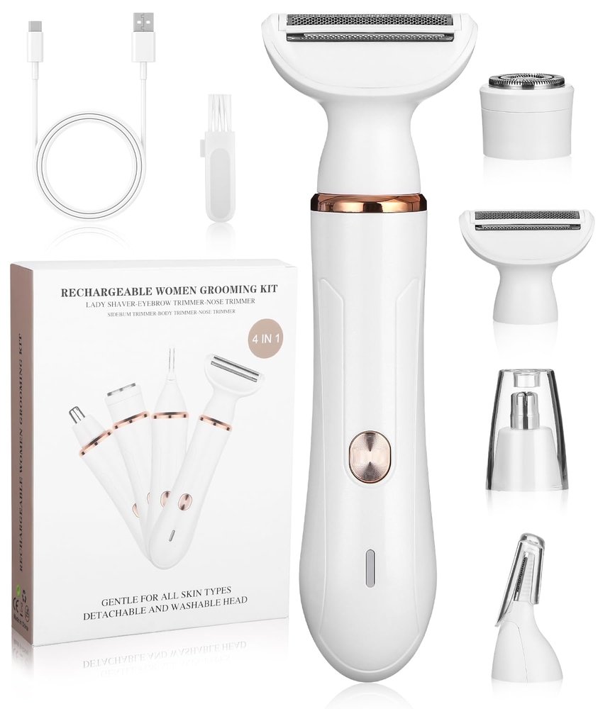 Bixury Women's 4 in 1 Electric Shaver Body Rechargeable Facial Epilator with 4 Accessories Eyebrow Trimmer and Razors for Women Cordless Shaver Shaver Women's Intimate Parts