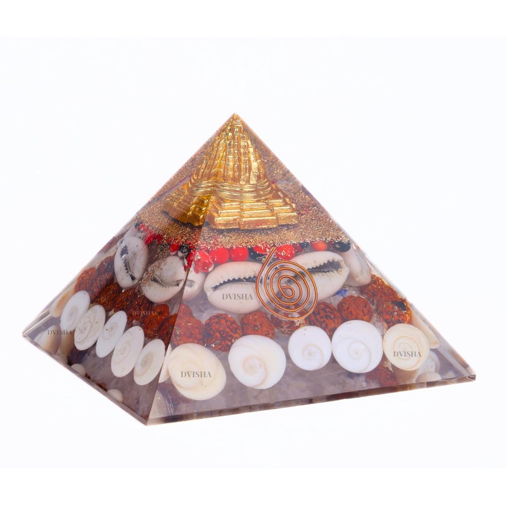 Original Maha Laxmi Wealth Pyramid - Certified Gomati Chakra Rudraksha White Kauri Cowrie Kodi Shri Yantra and Ratti Seeds Clear Quartz Crystal for Vastu Money Wealth Good Luck and Prosperity