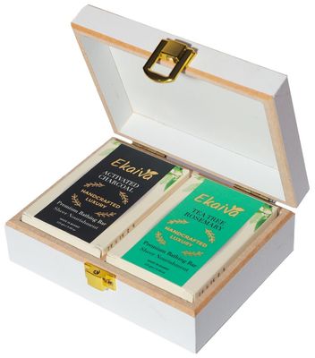 Ekaiva Organics Luxury Gift Box Deluxe Collection Activated Charcoal & Tea Tree Rosemary Bathing Bars with Deluxe Wooden Box Handmade Herbal Soaps for Detox, Clarity & Skin Balance