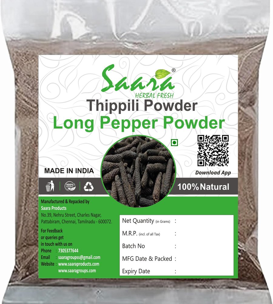 Saara HERBAL FRESH Thippili Powder, 100g, Long Pepper Powder, Pipal Badi, Pipali, Peepali, Piper Longum, Gantoda, Modikaddi Powder (Pack of 2 x 50g)