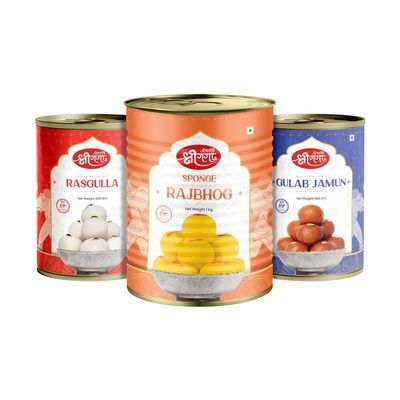 Bikaneri Shree Ganga sweets combo, 500gm Gulab Jamun, 500g Rasgulla, and 1Kg Rajbhog, traditional bikaneri sweets