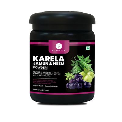 G-GLOWSIK Karela Jamun Neem Powder with 11 Potent Herbs | Natural Sugar Management & Cholesterol Support | 100% Ayurvedic Detox Powder - 200g Jar