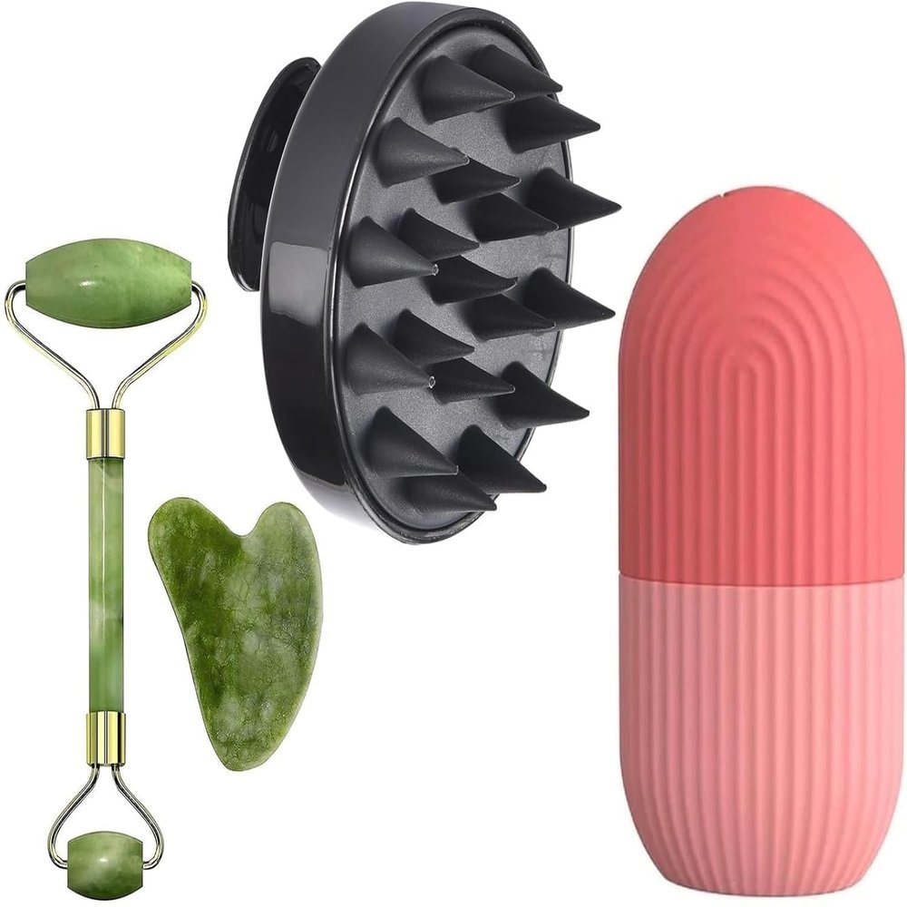 (SCALP-ICE-STONE) Facial Massager Jade Roller & Gua Sha Tool Natural Himalayan Stone for Face Neck Healing Skin Wrinkles & Serum Application Hair Scalp & Ice Massager combo offer (COMBO PACK OF 4)
