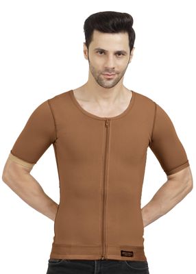 Gynecomastia Compression Vest with Short Sleeve| HIGH Compression| Front Zip and Hook Closer| Tomboy Chest Binder| Chest, Abdomen & Back Support for Men| (Brown, M)