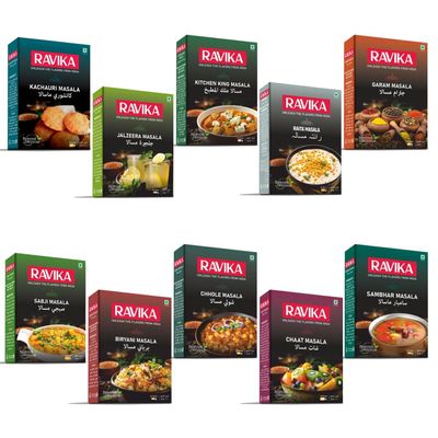 RAVIKA Mixed Masala Combo Pack  Kachauri, Jaljeera, Kitchen King, Raita, Garam, Sabji, Biryani, Chole, Chaat & Sambhar Masala  100g Each (Pack of 10) | Authentic Indian Spices for Everyday Cooking