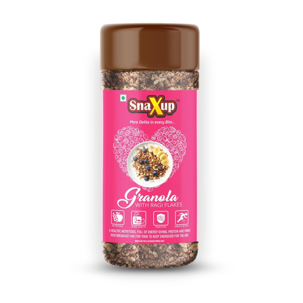 Snaxup Granola With Ragi Flakes - Crunchy Granola With Ragi Flakes (Almonds & Foxnuts) | Granola For Breakfast | Diet Food | High Fibre Cereal (350g)
