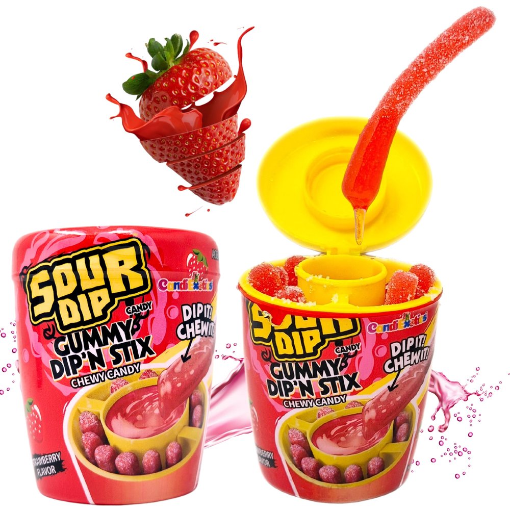 CandiExotics Sour Juicy Dip Gummy Candy Dip'N Stix Sweet & Sour Chewy Candy For Kids, Strawberry Flavor, Perfect For Parties & Treats, 96 Grams