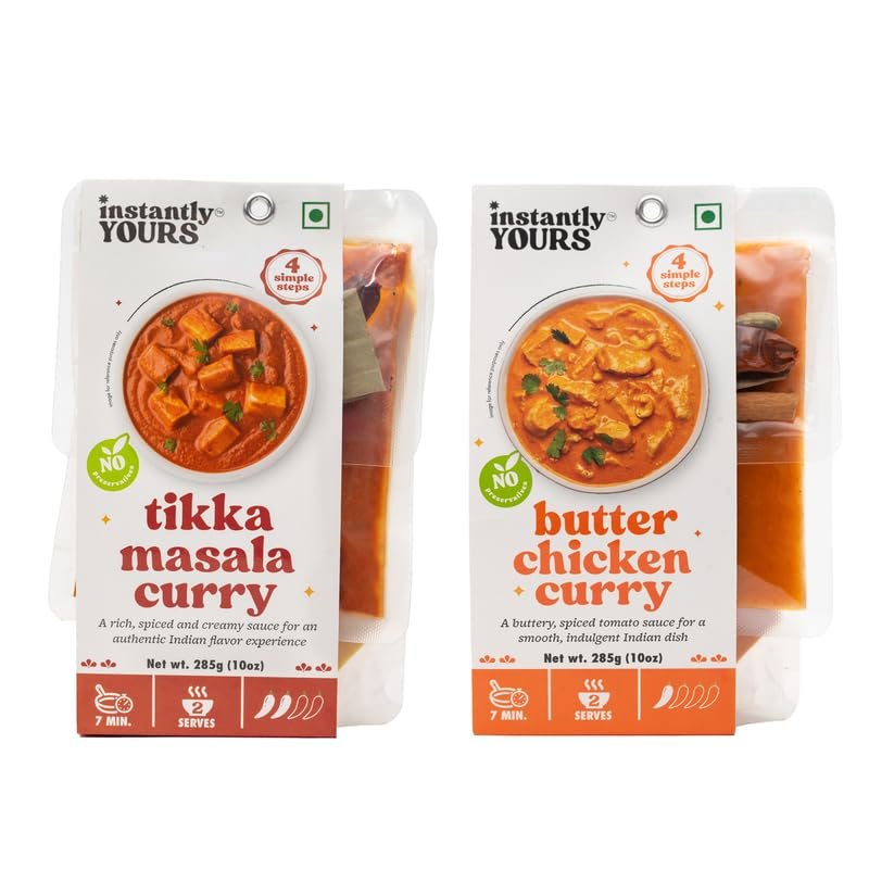 Instantly Yours Tikka Masala Curry & Butter Chicken Curry Combo 570 gm | Ready to Eat Meal | Authentic Flavors Curries | No Preservatives | Instant Meal Ready in mints