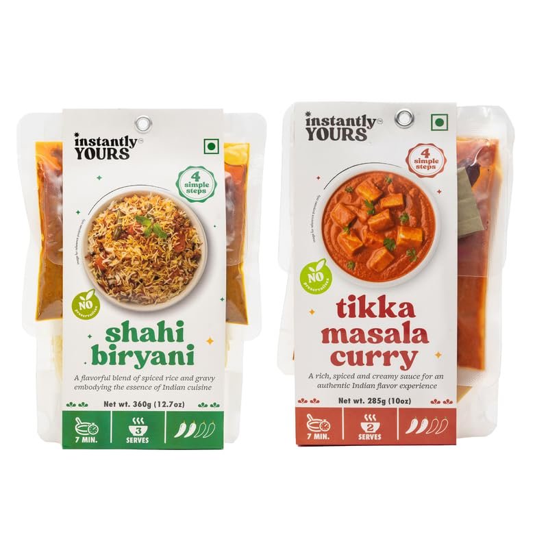 Instantly Yours Combo | Shahi Biryani 360g & Tikka Masala Curry 285g | Ready-to-Eat Aromatic Rice & Spiced Chicken Curry | No Preservatives | Authentic Indian Flavors for a Gourmet Meal