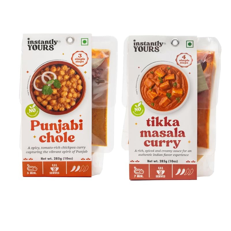 Instantly Yours Punjabi Chole & Tikka Masala Curry 570 gm | Ready to Eat Curry | Spiced Chickpea & Chicken Tikka | No Preservatives | Authentic Indian Flavors | Instant Ready Meal